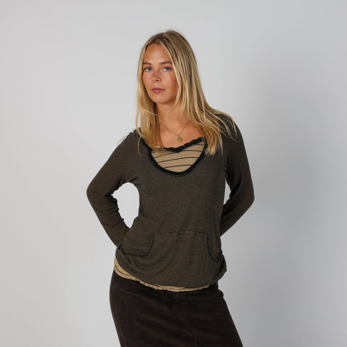 Beige Y2K Marlboro Classics Long Sleeve Top semi sheer (M)