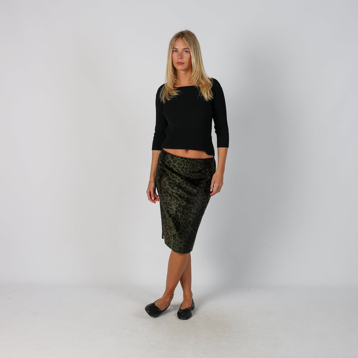 Dark Green Y2K Made in Italy Woven Midi Skirt Leopard print (S)