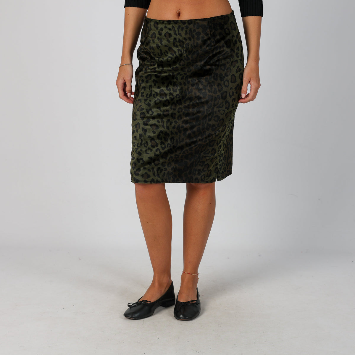 Dark Green Y2K Made in Italy Woven Midi Skirt Leopard print (S)