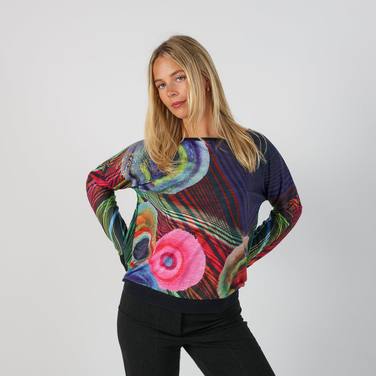 Multicoloured Y2K Desigual Long Sleeve Top semi sheer (L)