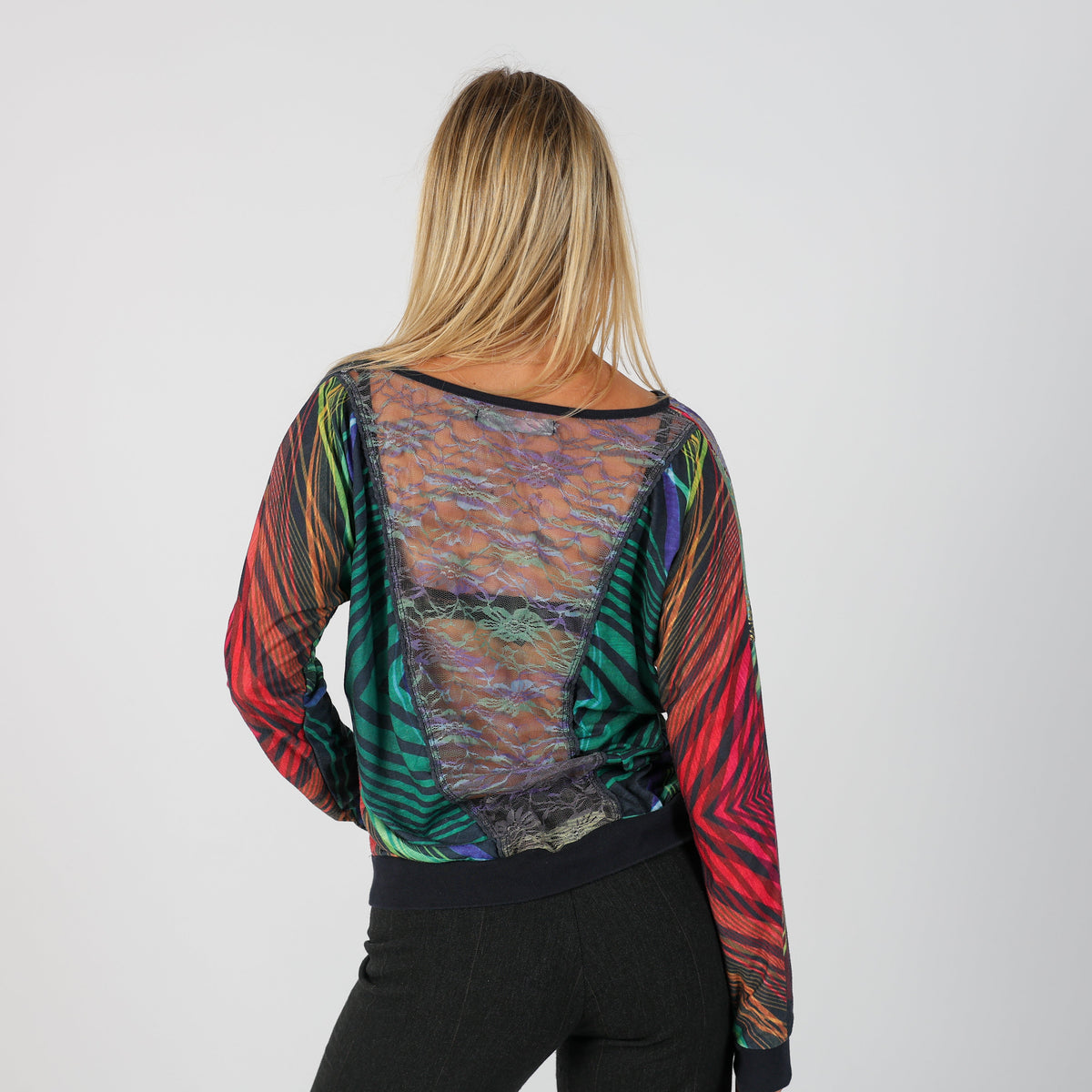 Multicoloured Y2K Desigual Long Sleeve Top semi sheer (L)