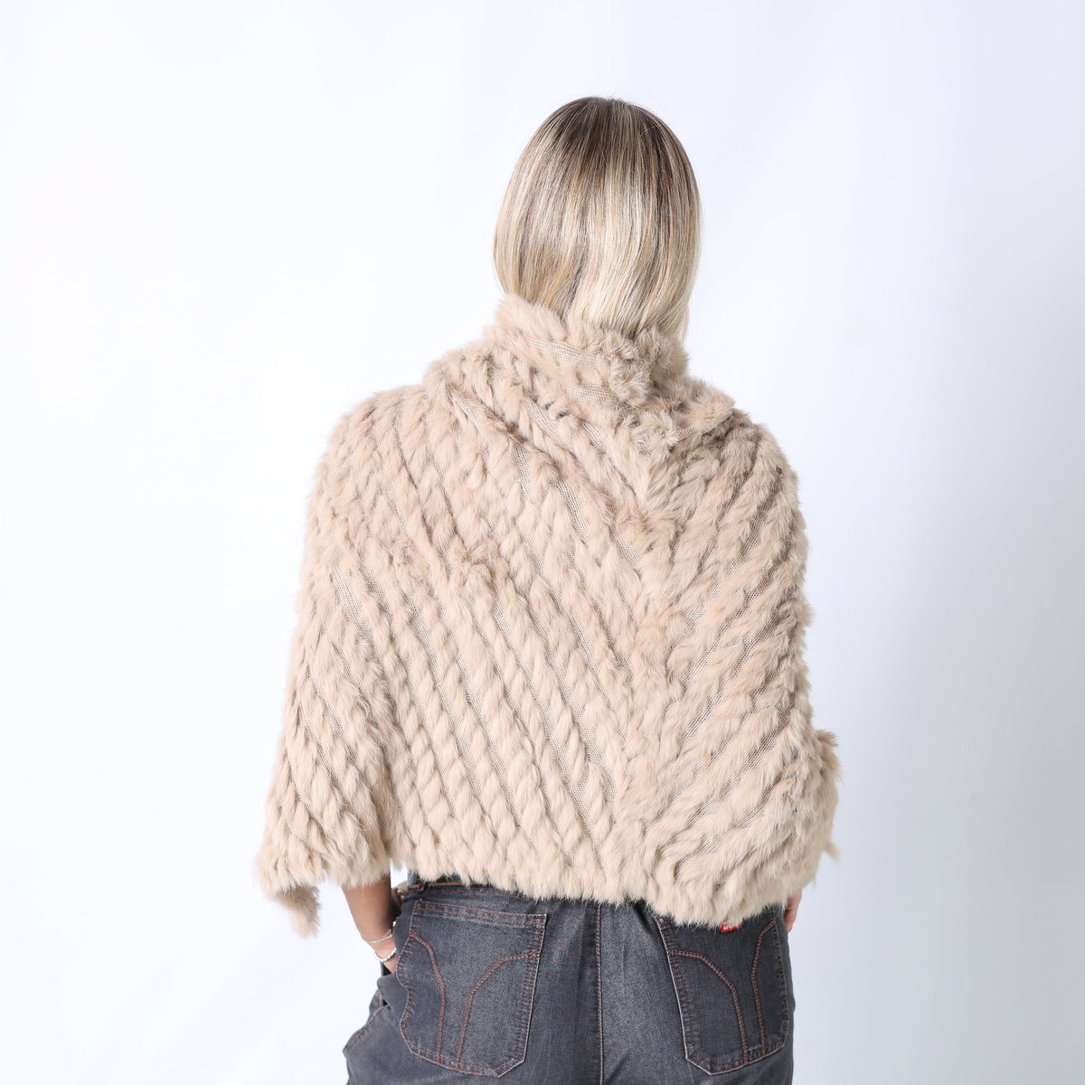 Beige Y2K Conbipel Knitted Top Fur Poncho (M)