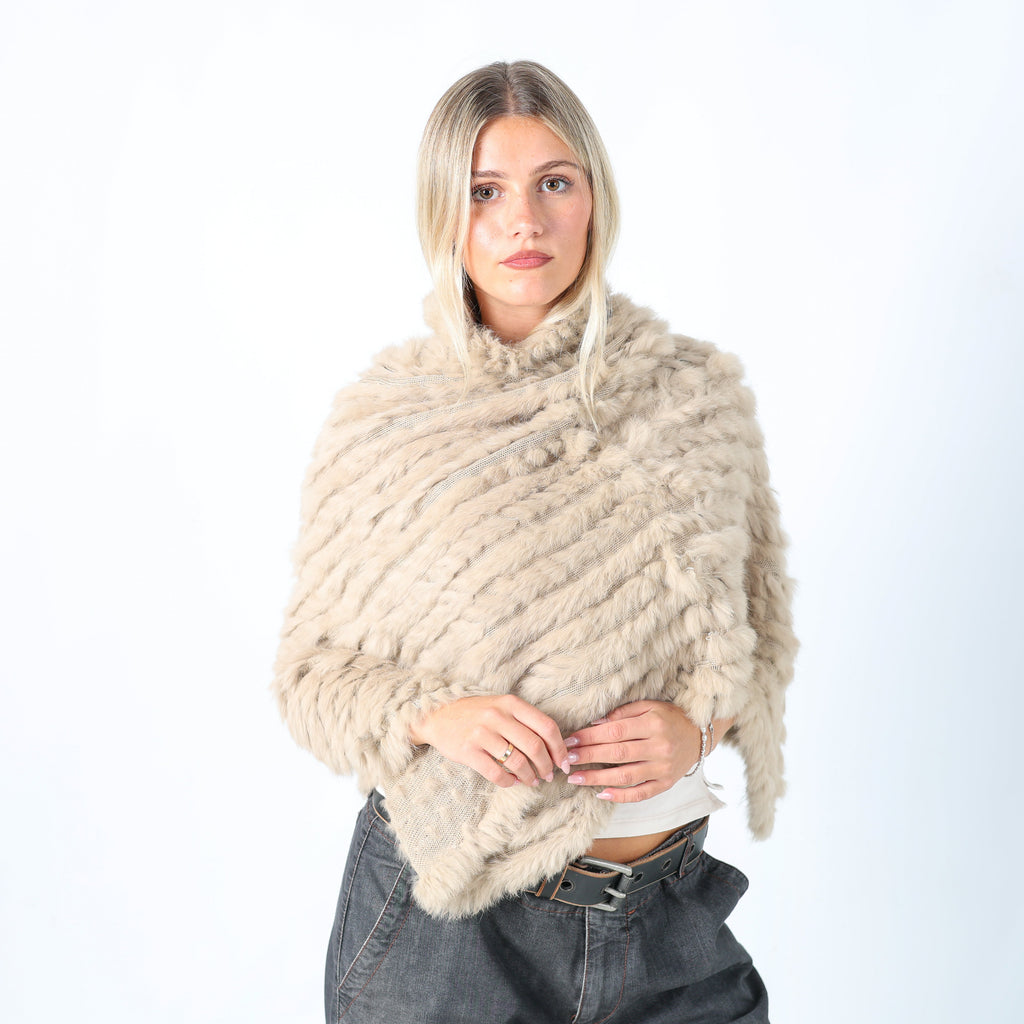 Beige Y2K Conbipel Knitted Top Fur Poncho (M)