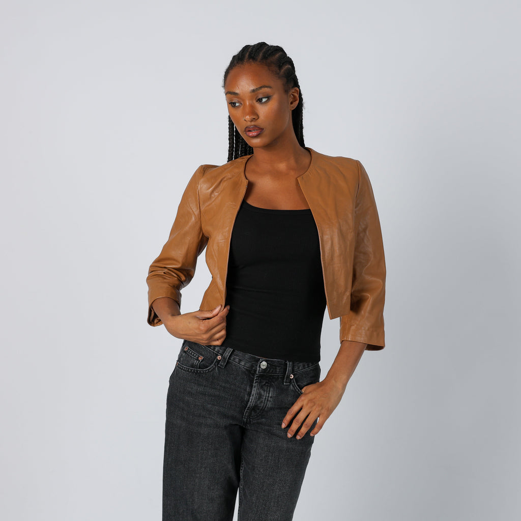 Tan Y2K Sandro Ferrone Leather Jacket (S)
