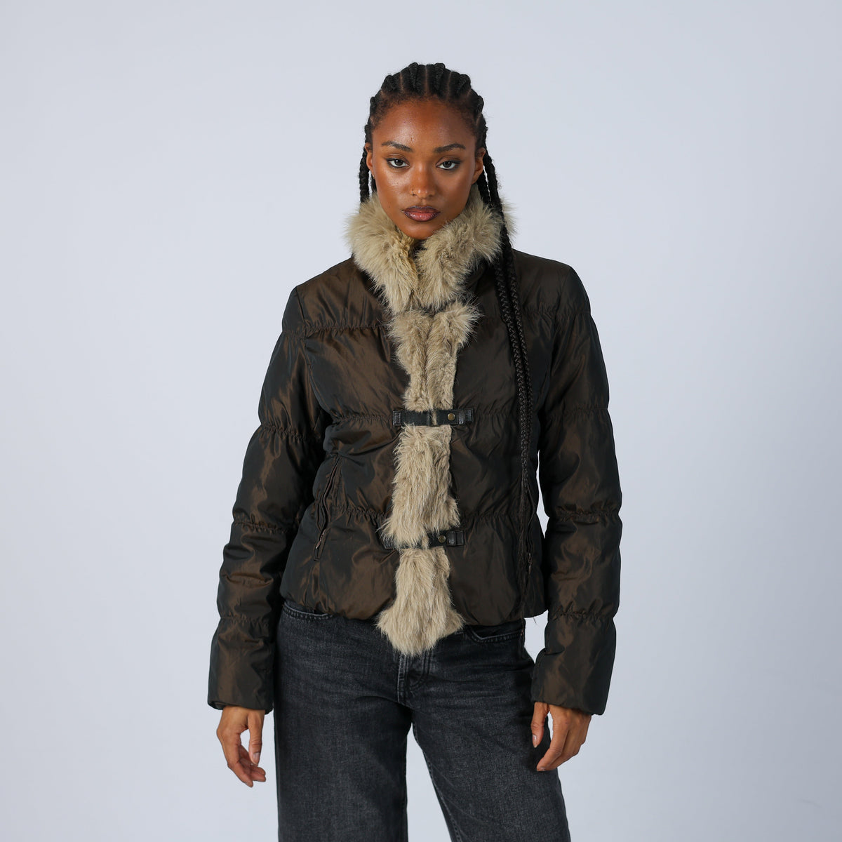 Brown Y2K Marella Puffer Jacket Faux Fur (8)