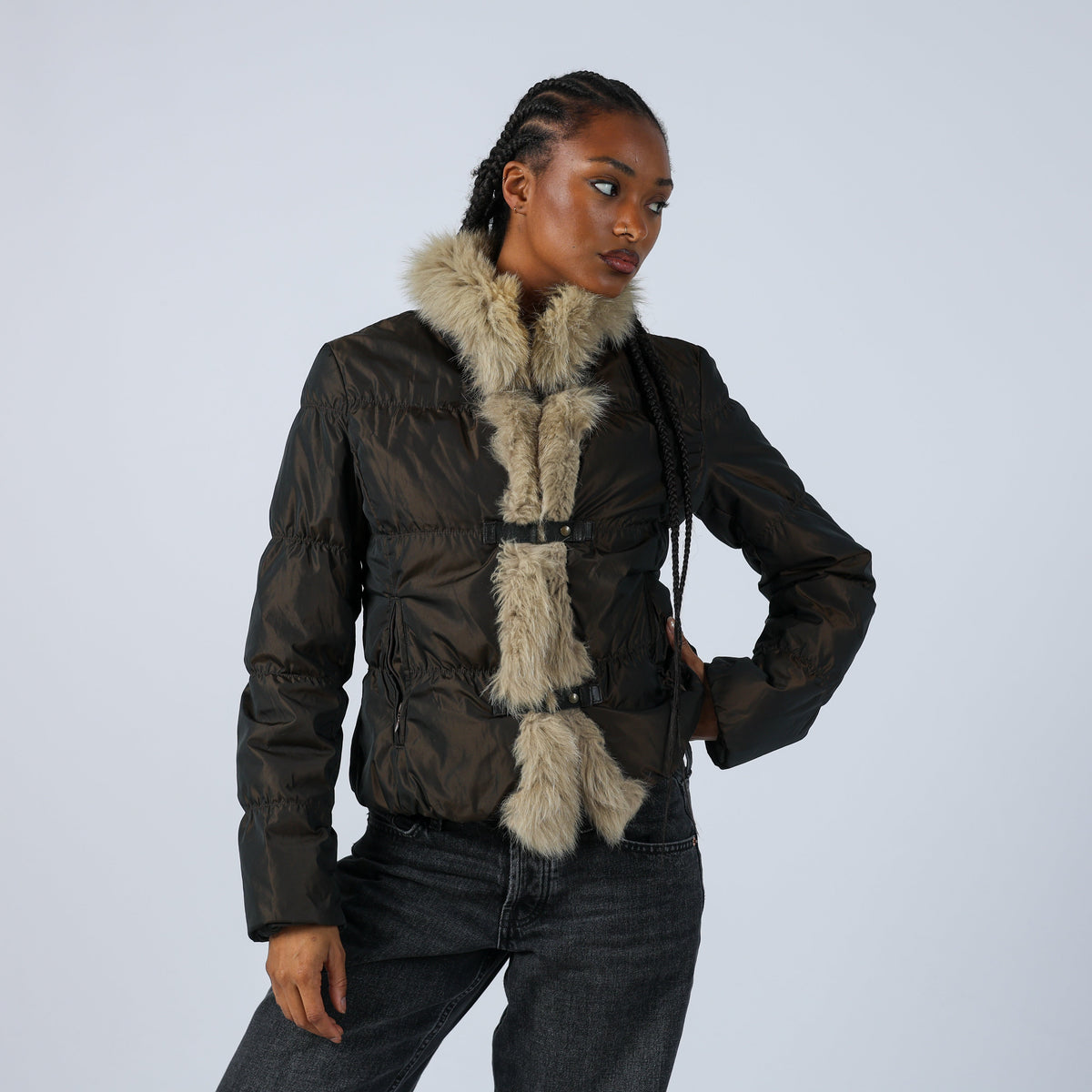 Brown Y2K Marella Puffer Jacket Faux Fur (8)
