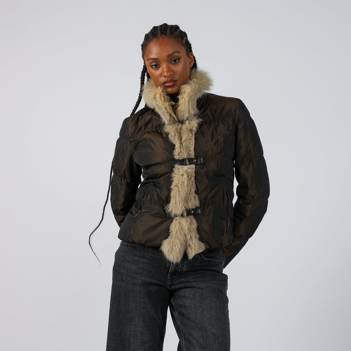Brown Y2K Marella Puffer Jacket Faux Fur (8)