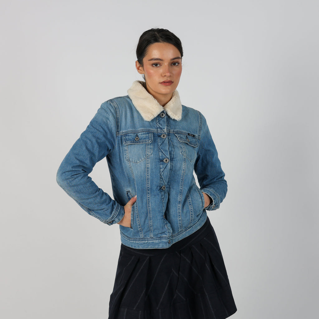 Light Blue Y2K Replay Denim Jacket Faux Fur (S)