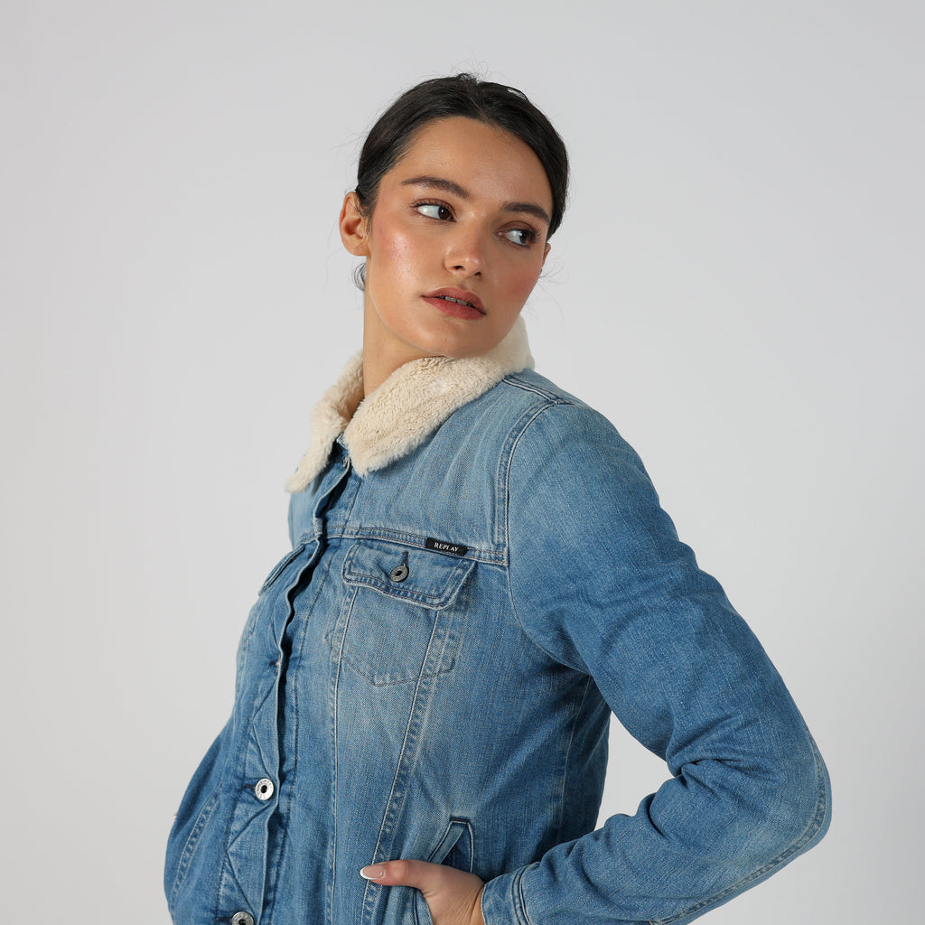 Light Blue Y2K Replay Denim Jacket Faux Fur (S)