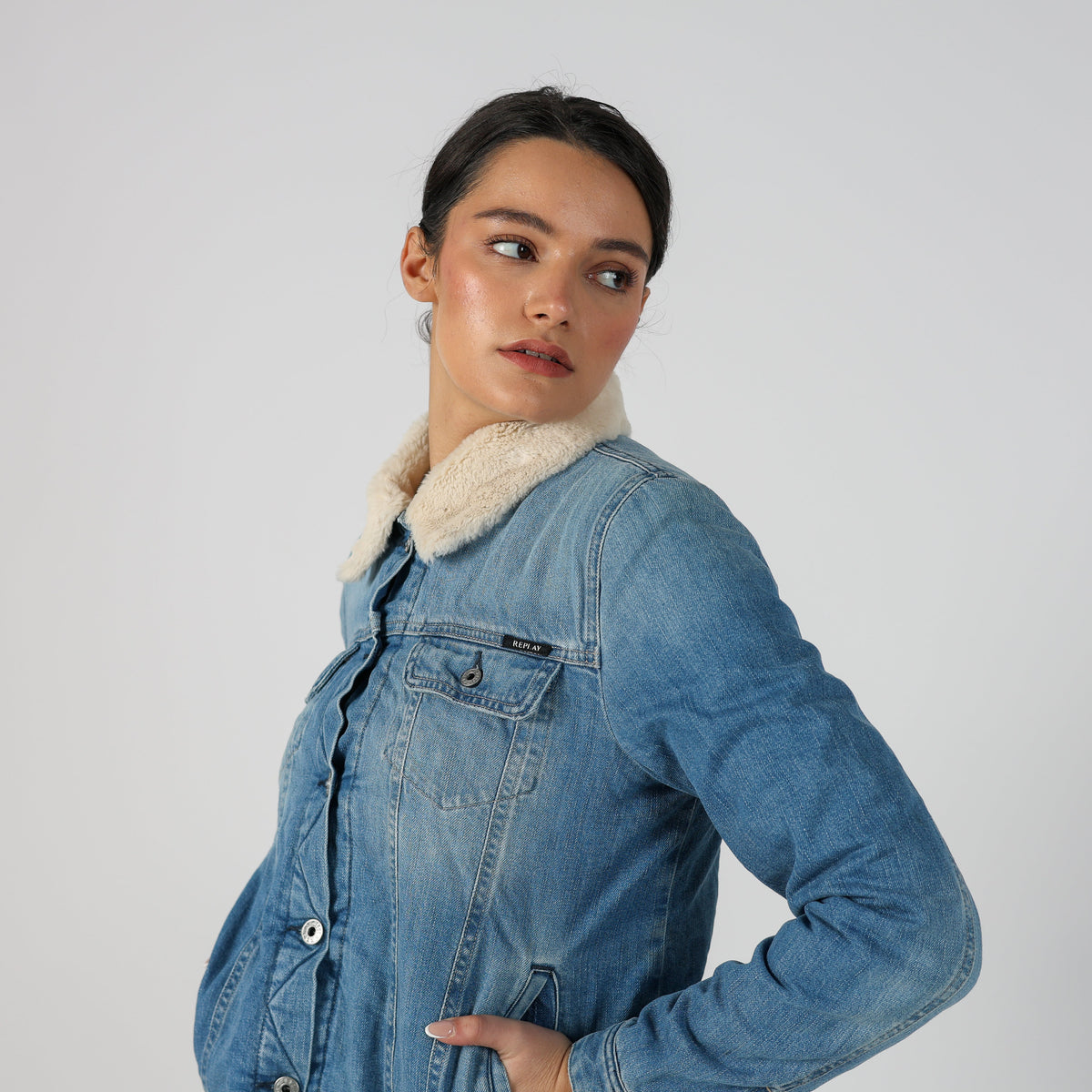 Light Blue Y2K Replay Denim Jacket Faux Fur (S)