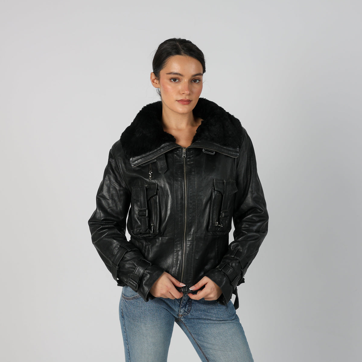 Black 90s Made in Italy Leather Jacket Faux fur (M)