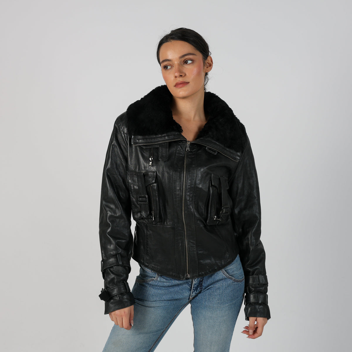 Black 90s Made in Italy Leather Jacket Faux fur (M)