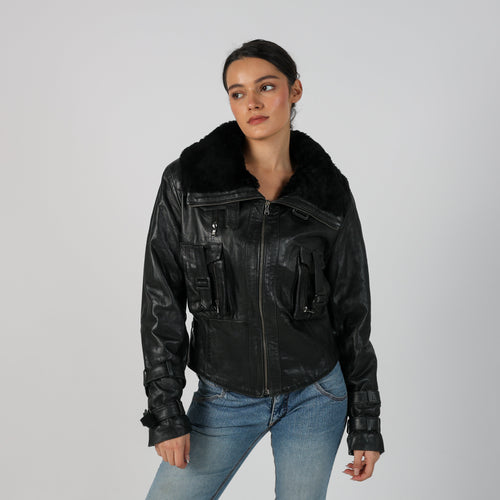 Black 90s Made in Italy Leather Jacket Faux fur (M)