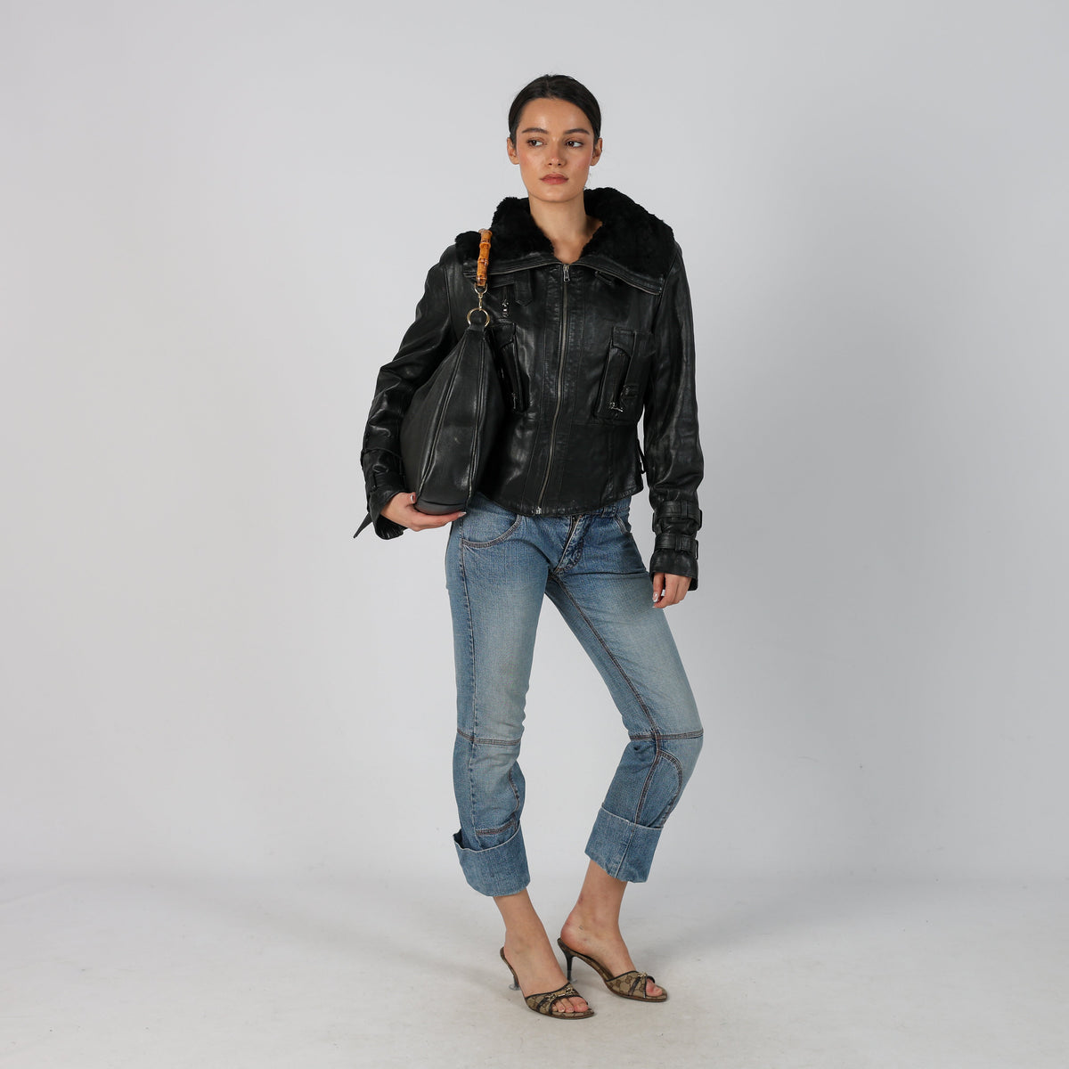 Black 90s Made in Italy Leather Jacket Faux fur (M)