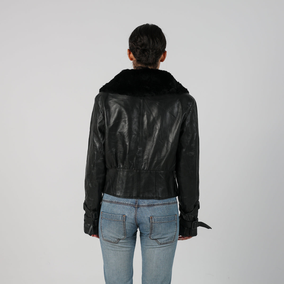 Black 90s Made in Italy Leather Jacket Faux fur (M)