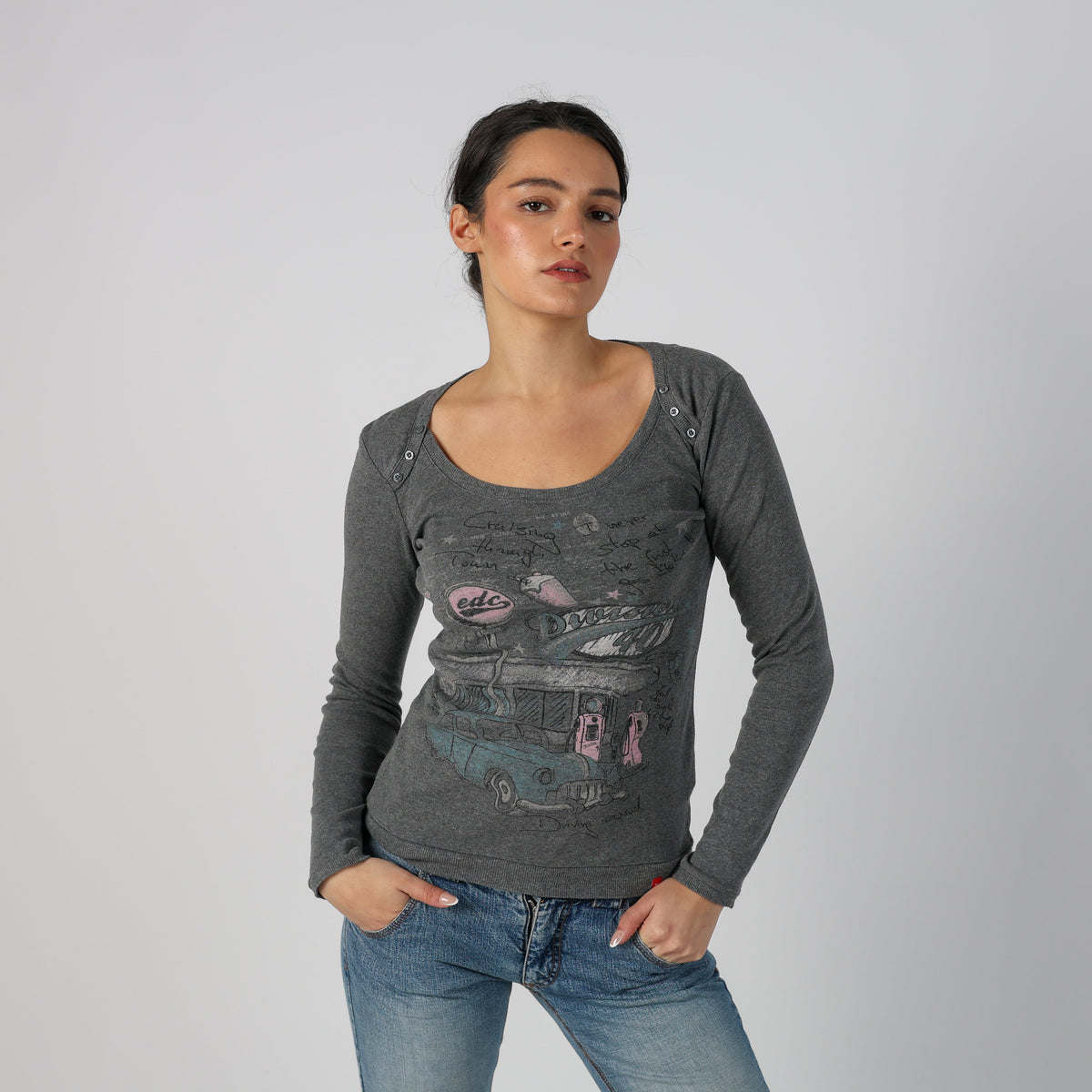 Charcoal Grey Y2K Esprit Long Sleeve Top (XS)