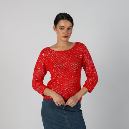 Red Y2K Mariella Burani Knitted Jumper Sequin (S)
