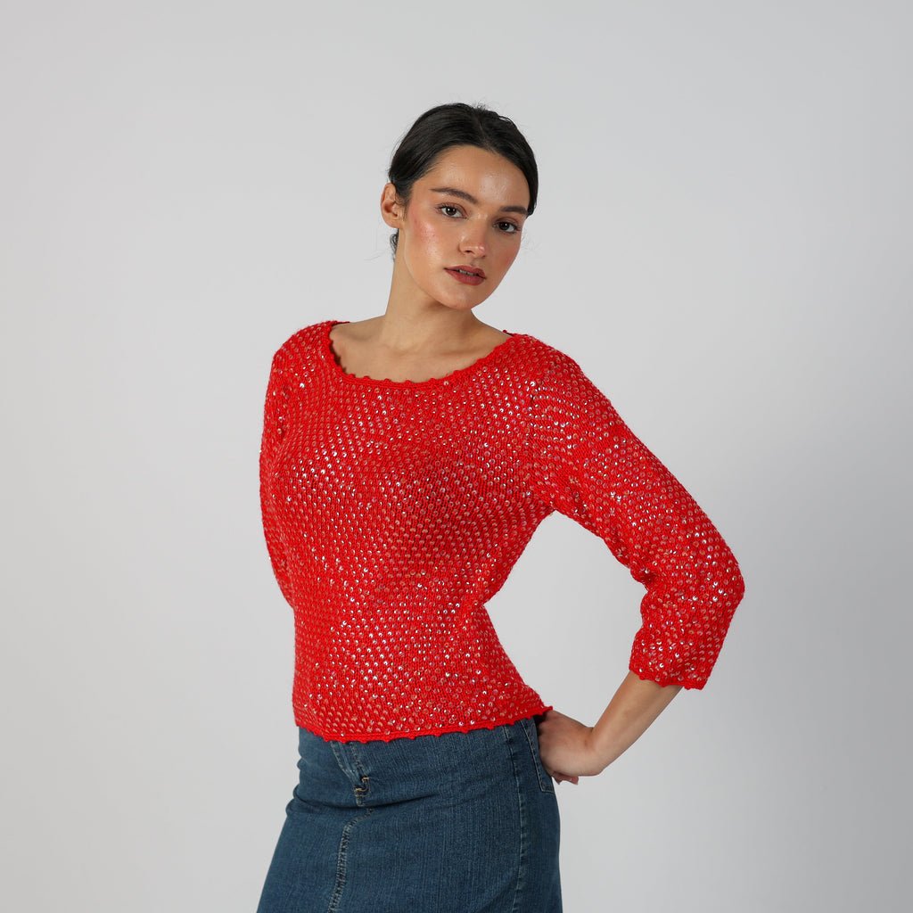 Red Y2K Mariella Burani Knitted Jumper Sequin (S)