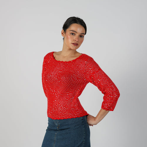 Red Y2K Mariella Burani Knitted Jumper Sequin (S)