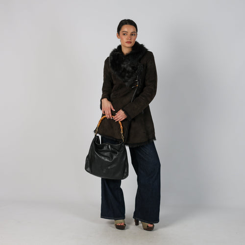 Brown Y2K Patrizia Pepe Afghan Coat Lamb Leather (S)