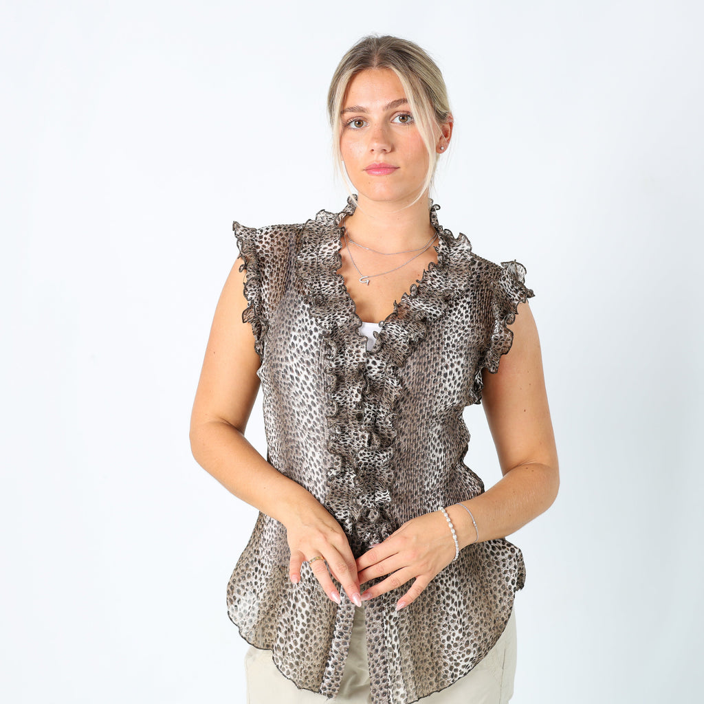 Brown 90s Duohui fushi Blouse Sheer Print (M)