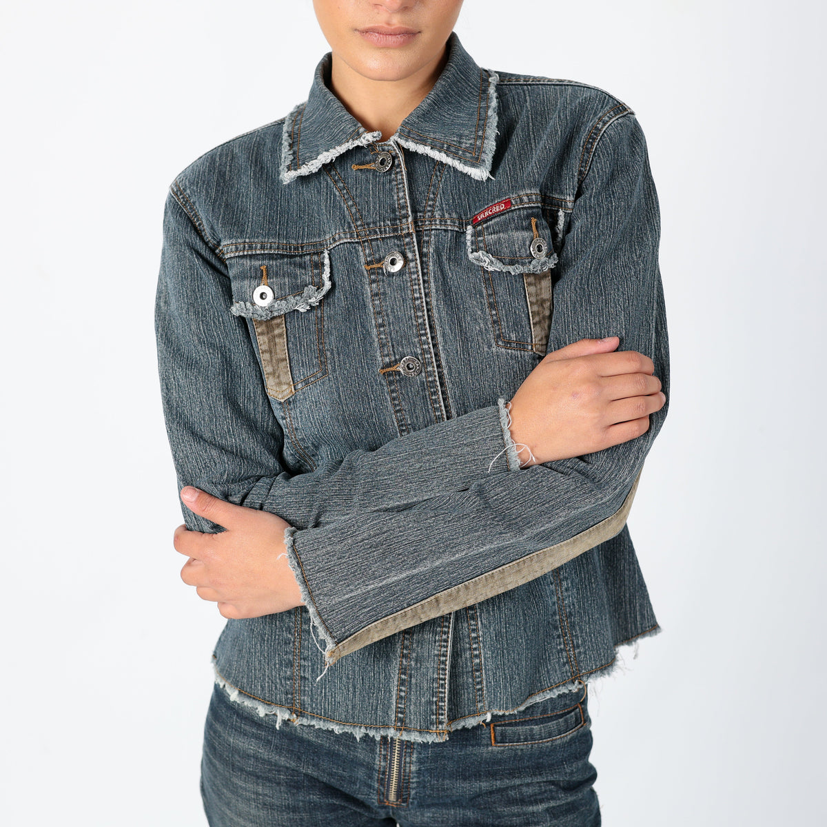 Blue Y2K Sancred Denim Jacket Pocket Detailing, Unique y2k (M)