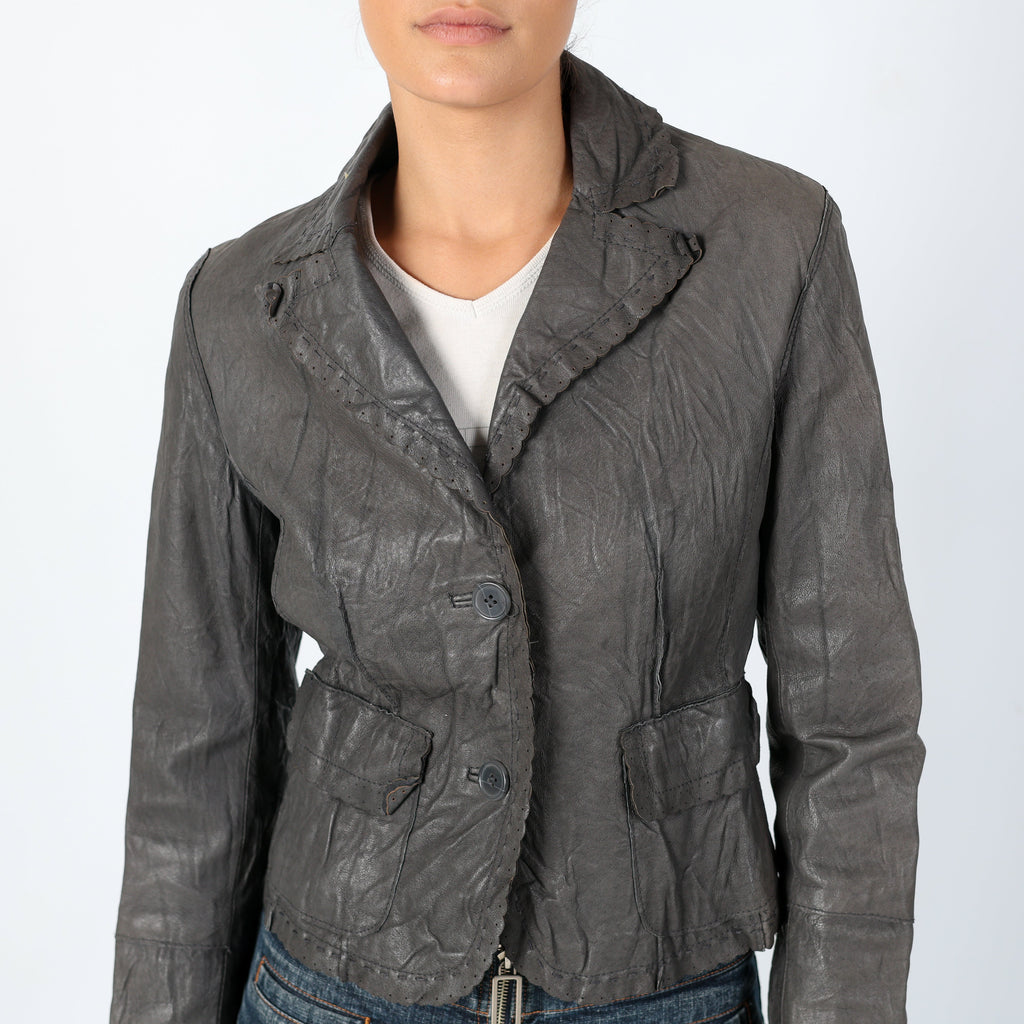 Charcoal Grey 90s Stefanel Leather Jacket Grunge, Y2k Jacket, Detaled collar (S)