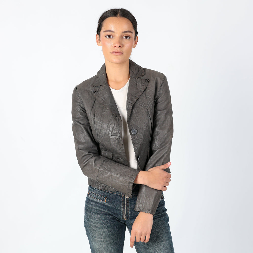 Charcoal Grey 90s Stefanel Leather Jacket Grunge, Y2k Jacket, Detaled collar (S)