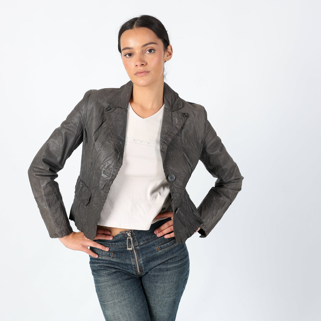 Charcoal Grey 90s Stefanel Leather Jacket Grunge, Y2k Jacket, Detaled collar (S)