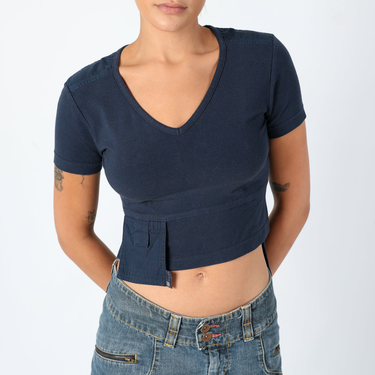 Navy Blue 90s Cop Copine Woven Top Asymmetrical, Chic, Pocket Detail (M)