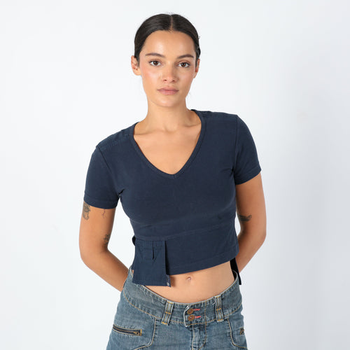 Navy Blue 90s Cop Copine Woven Top Asymmetrical, Chic, Pocket Detail (M)