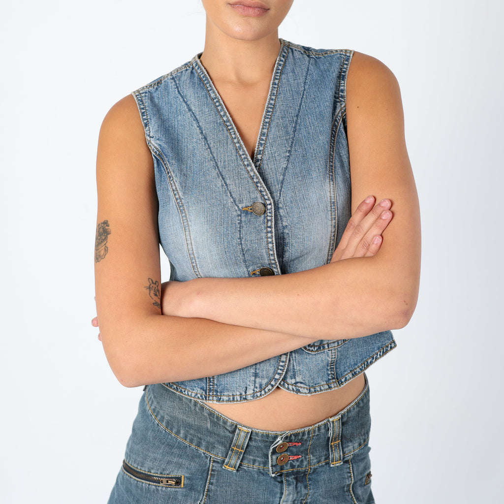 Light Blue 90s Edging Denim Waistcoat Summer Festival, 90s Waistcoat (8)