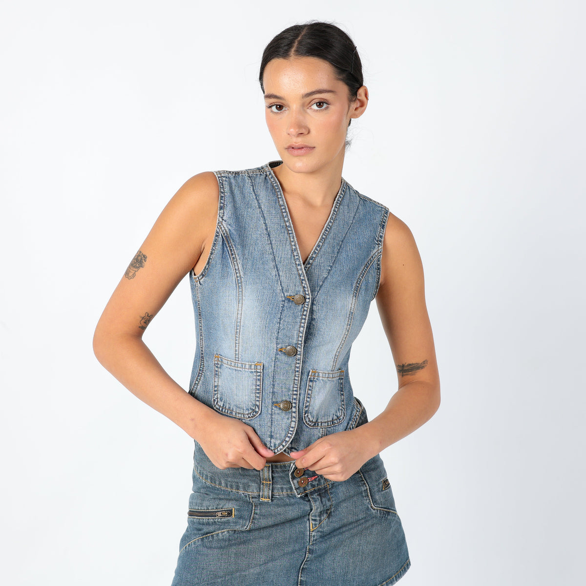 Light Blue 90s Edging Denim Waistcoat Summer Festival, 90s Waistcoat (8)