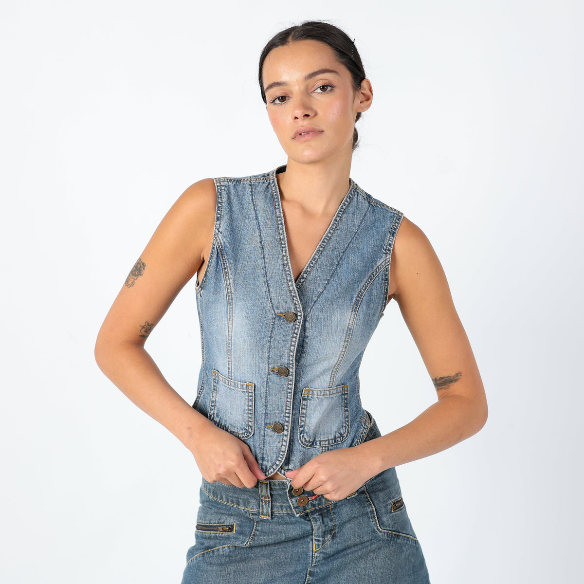 Light Blue 90s Edging Denim Waistcoat Summer Festival, 90s Waistcoat (8)