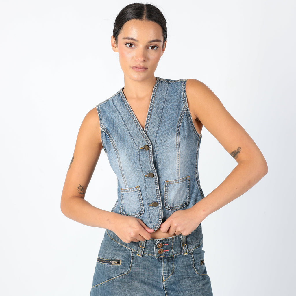 Light Blue 90s Edging Denim Waistcoat Summer Festival, 90s Waistcoat (8)