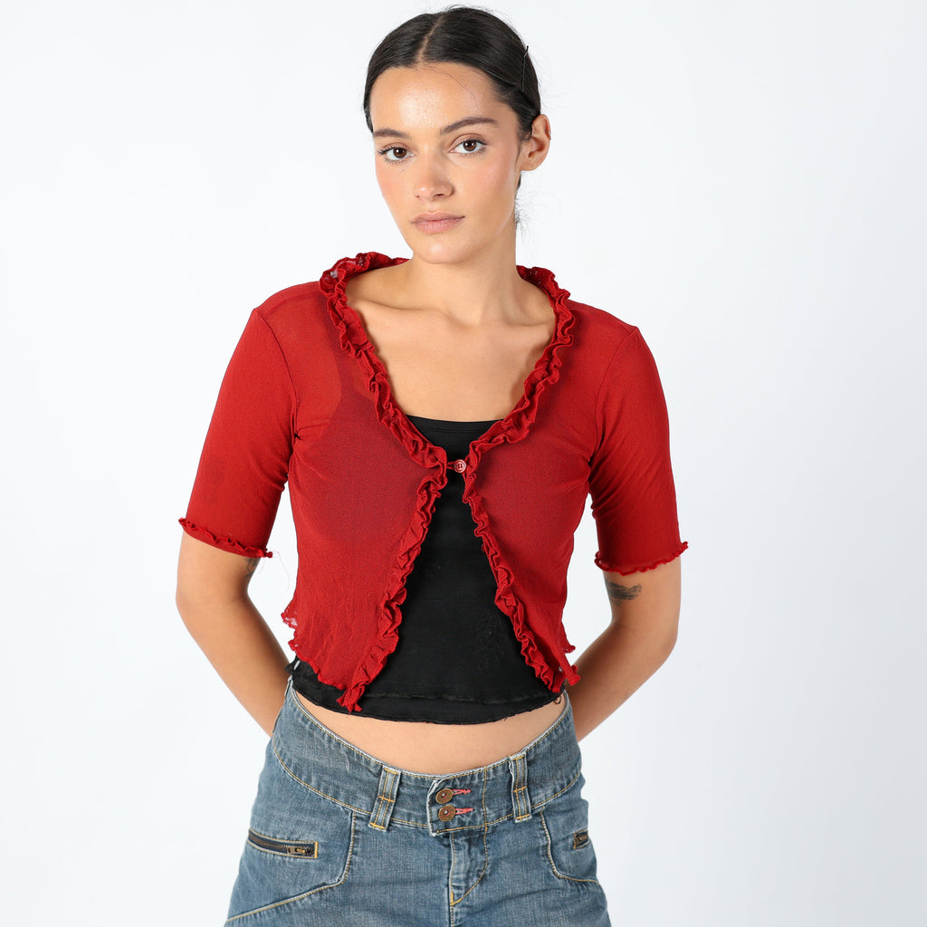 Red 90s Mesh Top Euro Summer, Sheer Cardigan, Chic (S)