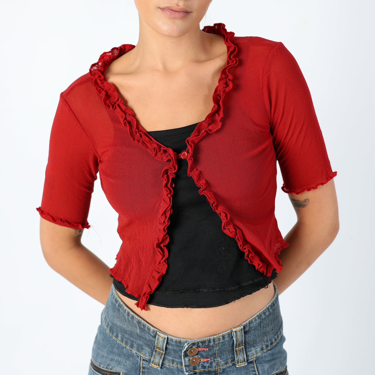 Red 90s Mesh Top Euro Summer, Sheer Cardigan, Chic (S)