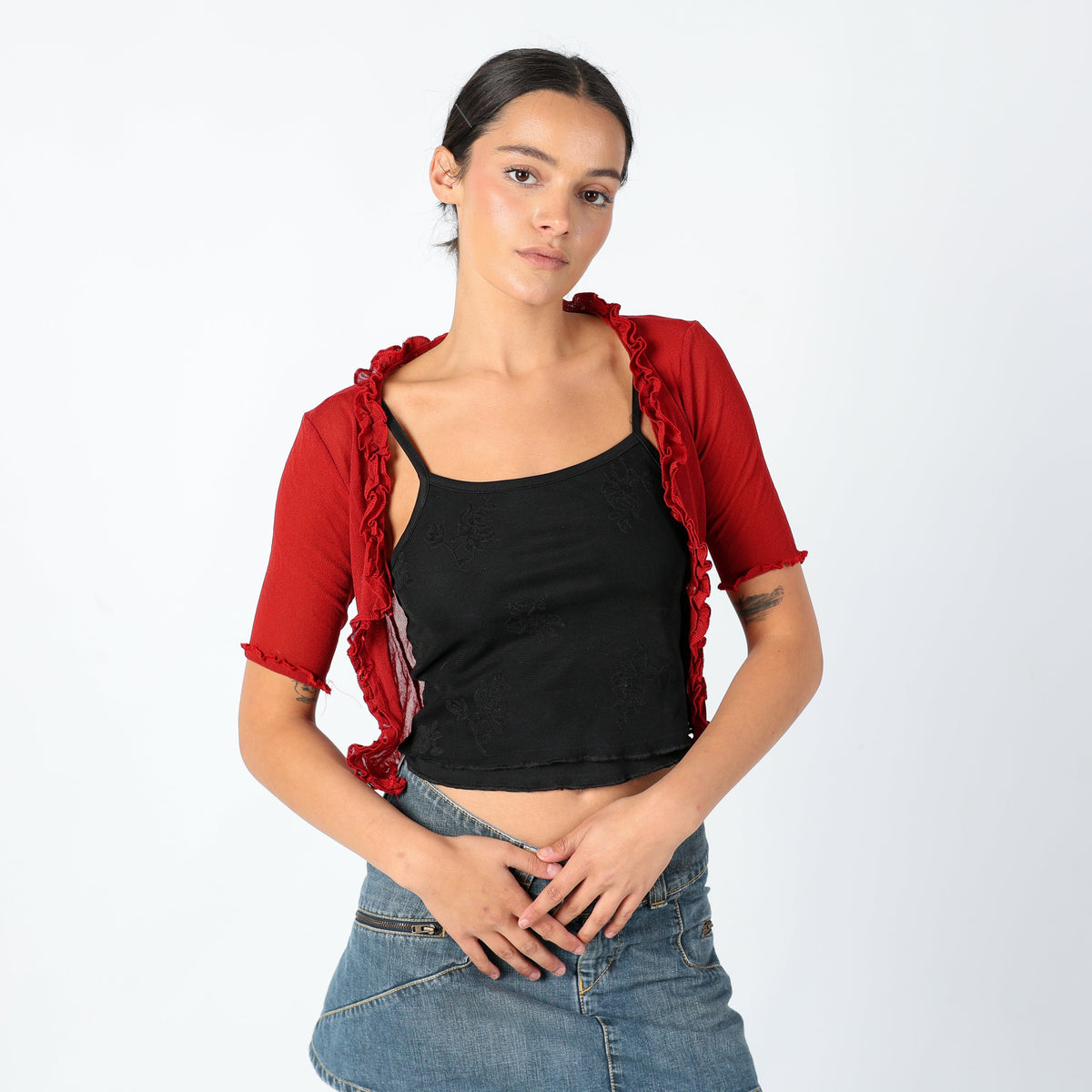 Red 90s Mesh Top Euro Summer, Sheer Cardigan, Chic (S)
