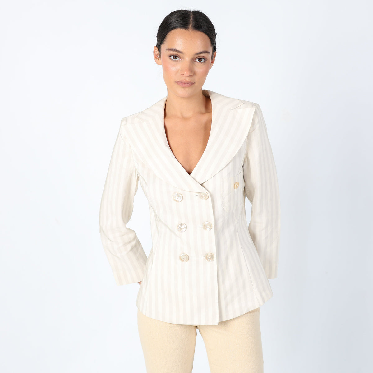 Cream Y2K Armani Woven Jacket Super Chic, Designer Stripe Blazer, Shoulder Pads, Office Siren (M)