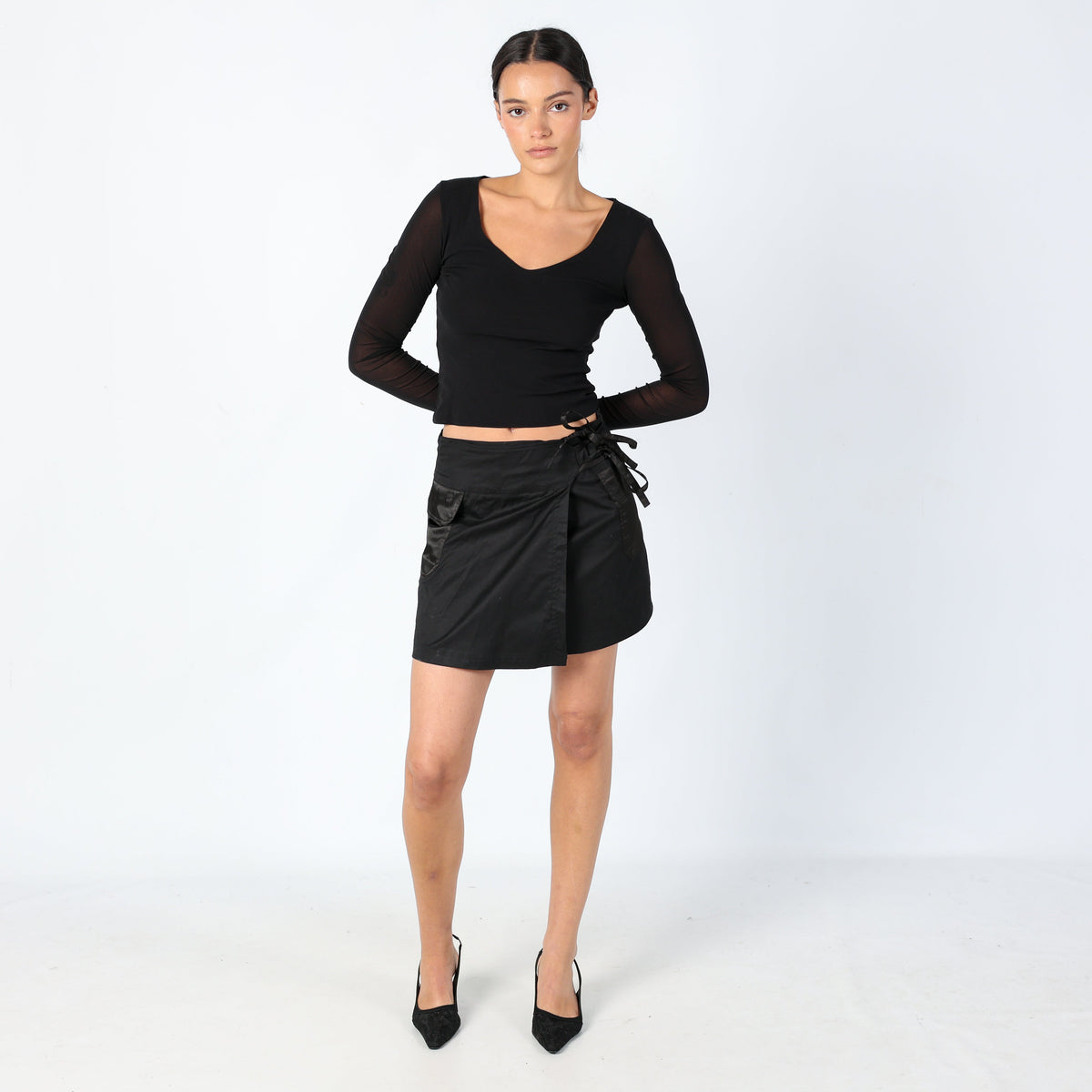 Black Y2K Blue Collection Woven Mini Skirt Cute Wrap Around Mini (S)
