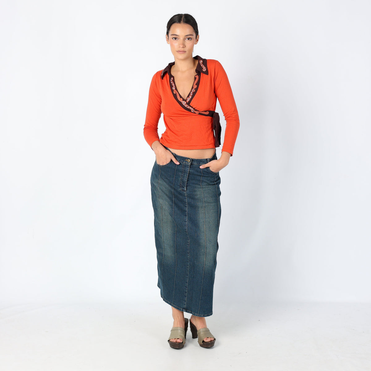 Navy Blue Y2K RI XIN Jeans Denim Maxi Skirt Split Hem, Casualwear (8)