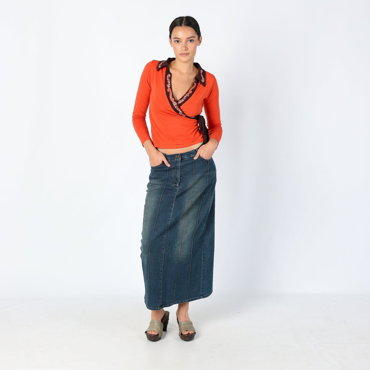 Navy Blue Y2K RI XIN Jeans Denim Maxi Skirt Split Hem, Casualwear (8)