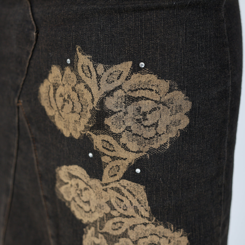 Brown 90s Denim Midi Skirt Italian, Floral print, Diamontes, Unique 90s (6)