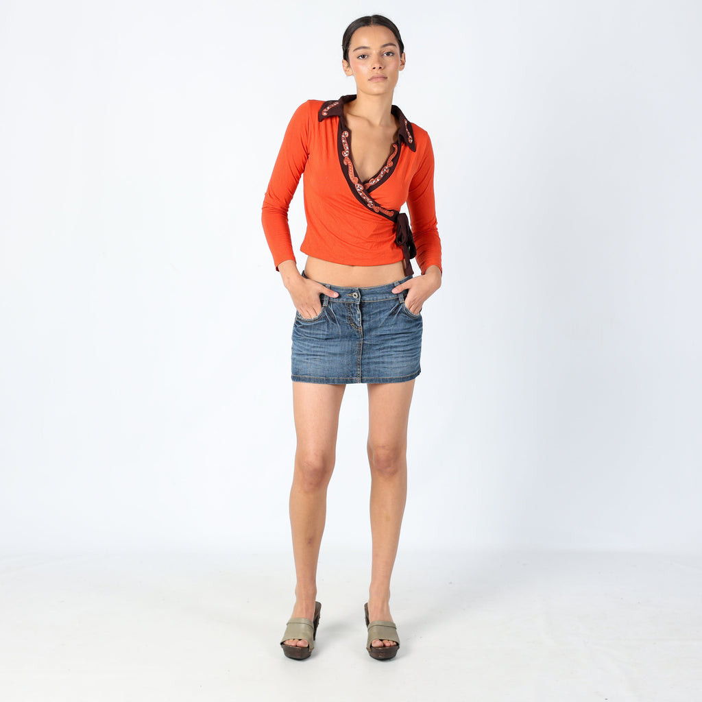 Navy Blue 90s Denim Mini Skirt Fitted Low-Rise Italian Style (6)