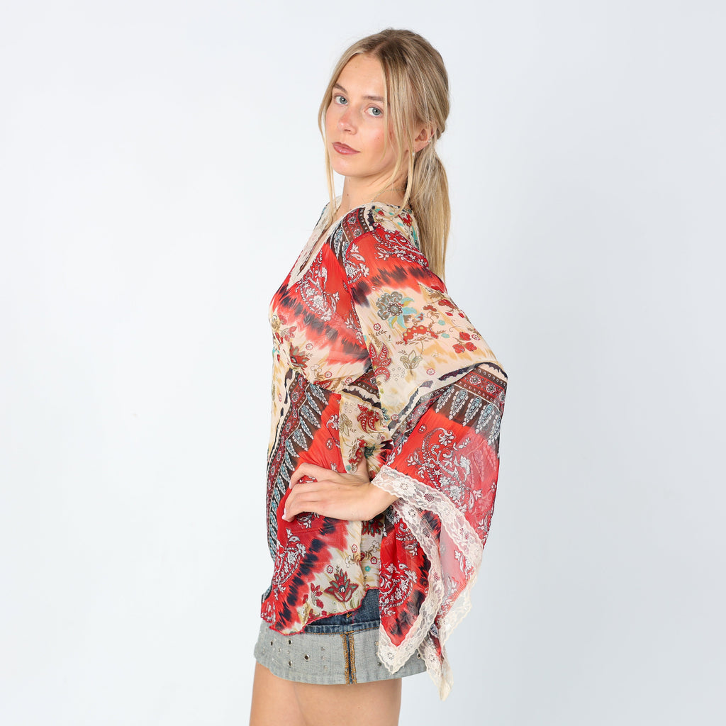 Red 90s Wan Li Cami Sheer Lace Trim Patterned Chic (M)