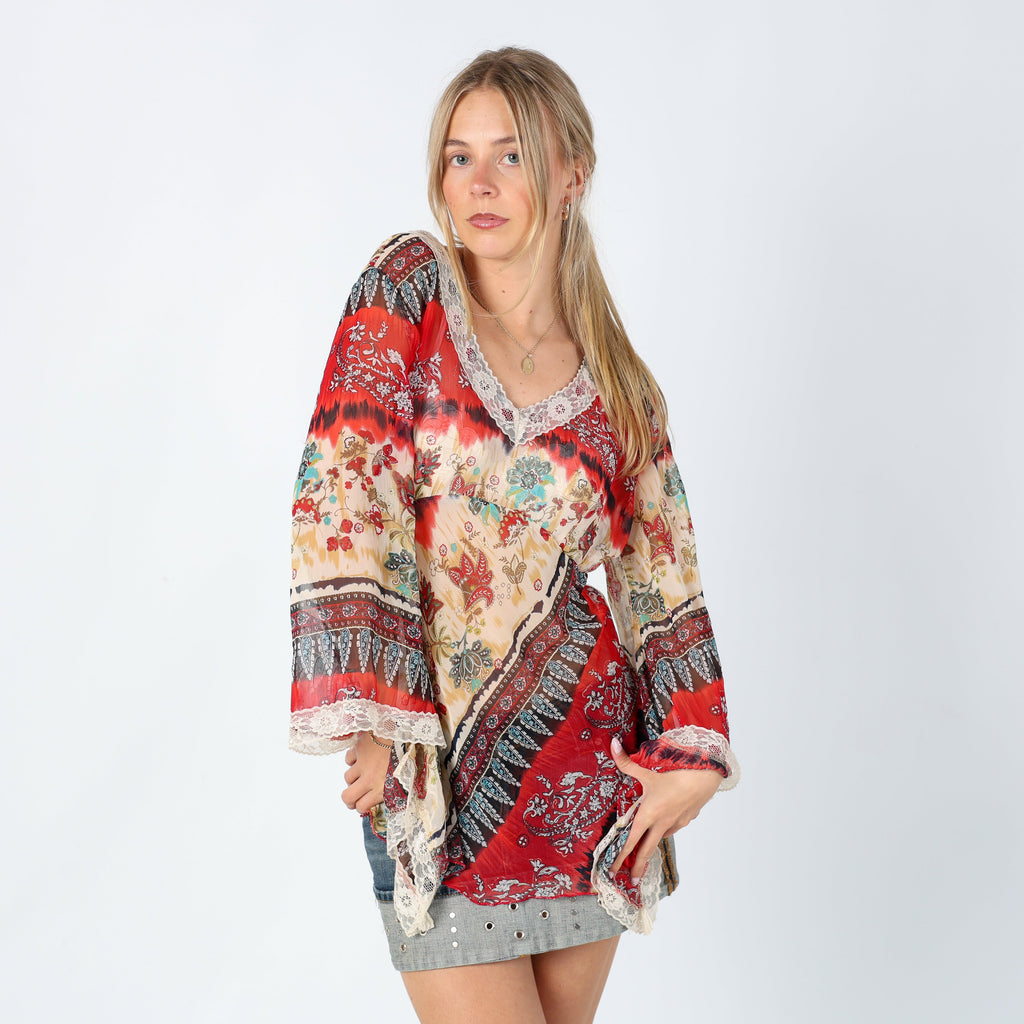 Red 90s Wan Li Cami Sheer Lace Trim Patterned Chic (M)