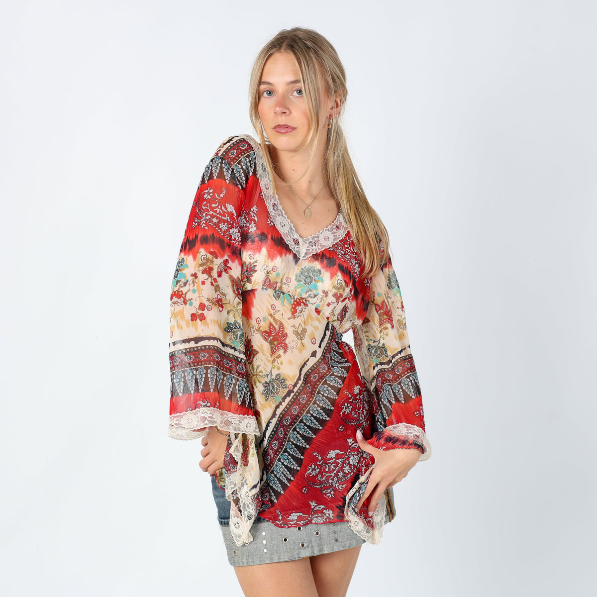 Red 90s Wan Li Cami Sheer Lace Trim Patterned Chic (M)