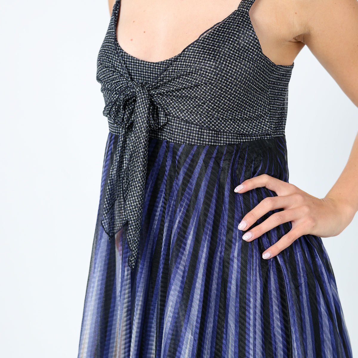 Navy Blue Y2K Kookai Mesh Midi Dress Floaty Front Tie Patterned (8)