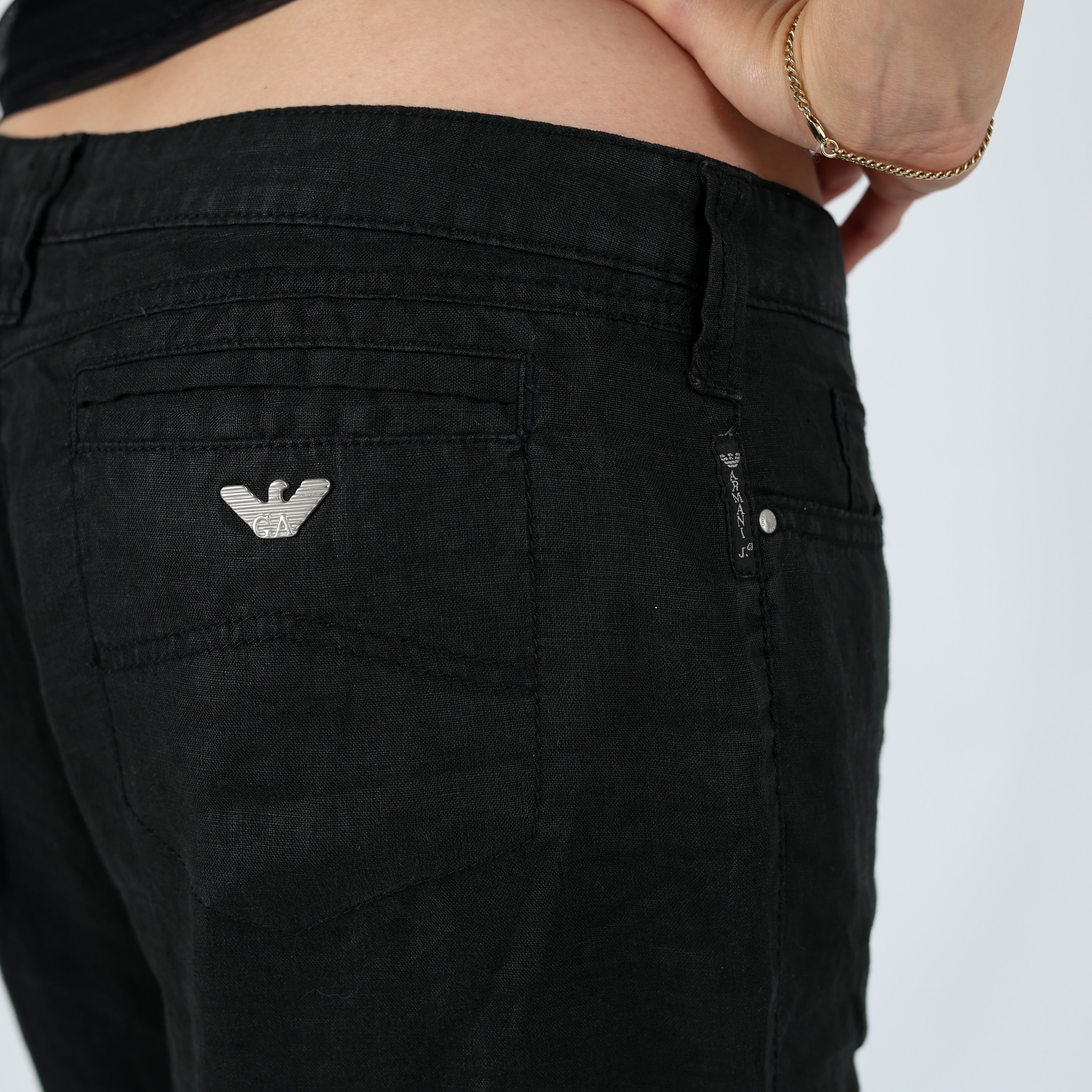 Black 90s Armani Jeans Woven Trousers Chic Designer Linen (M)