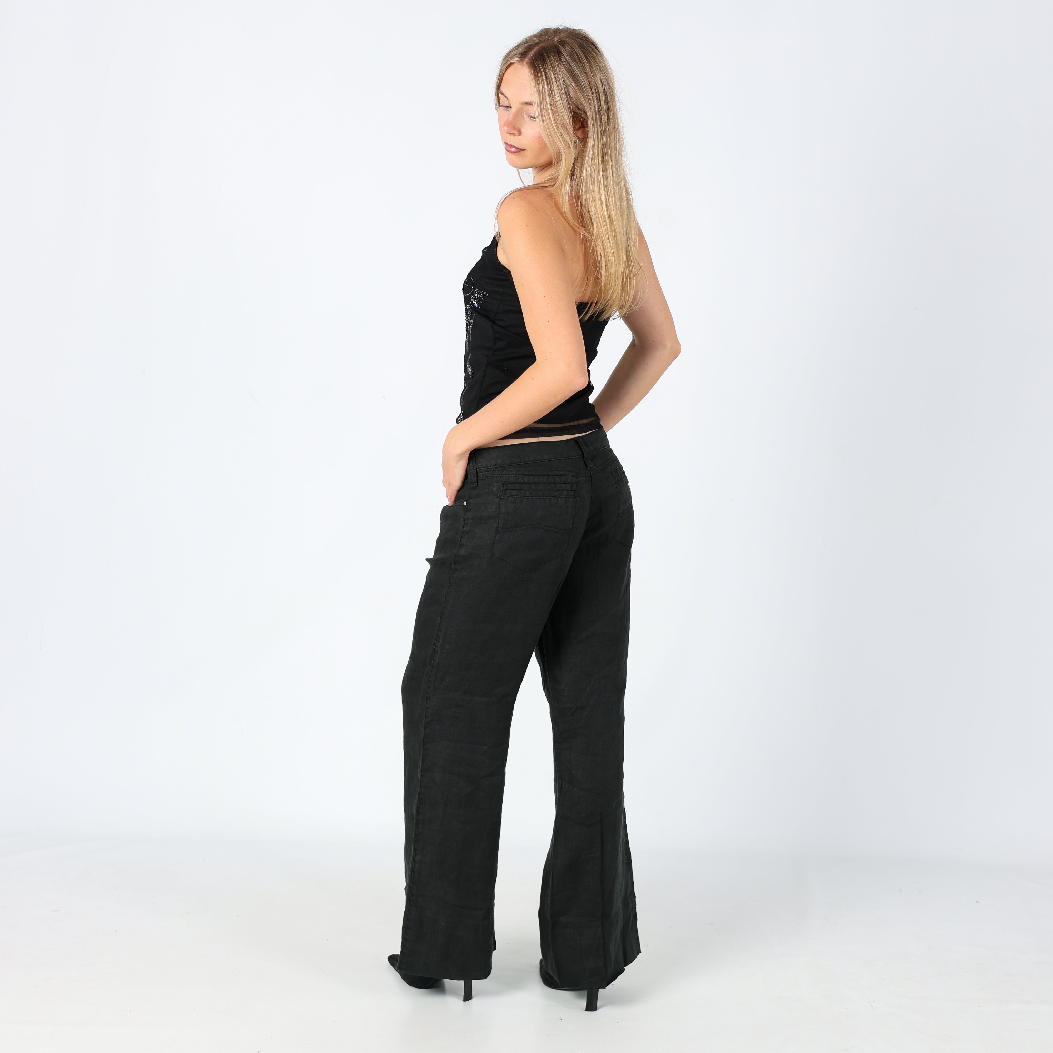 Black 90s Armani Jeans Woven Trousers Chic Designer Linen (M)